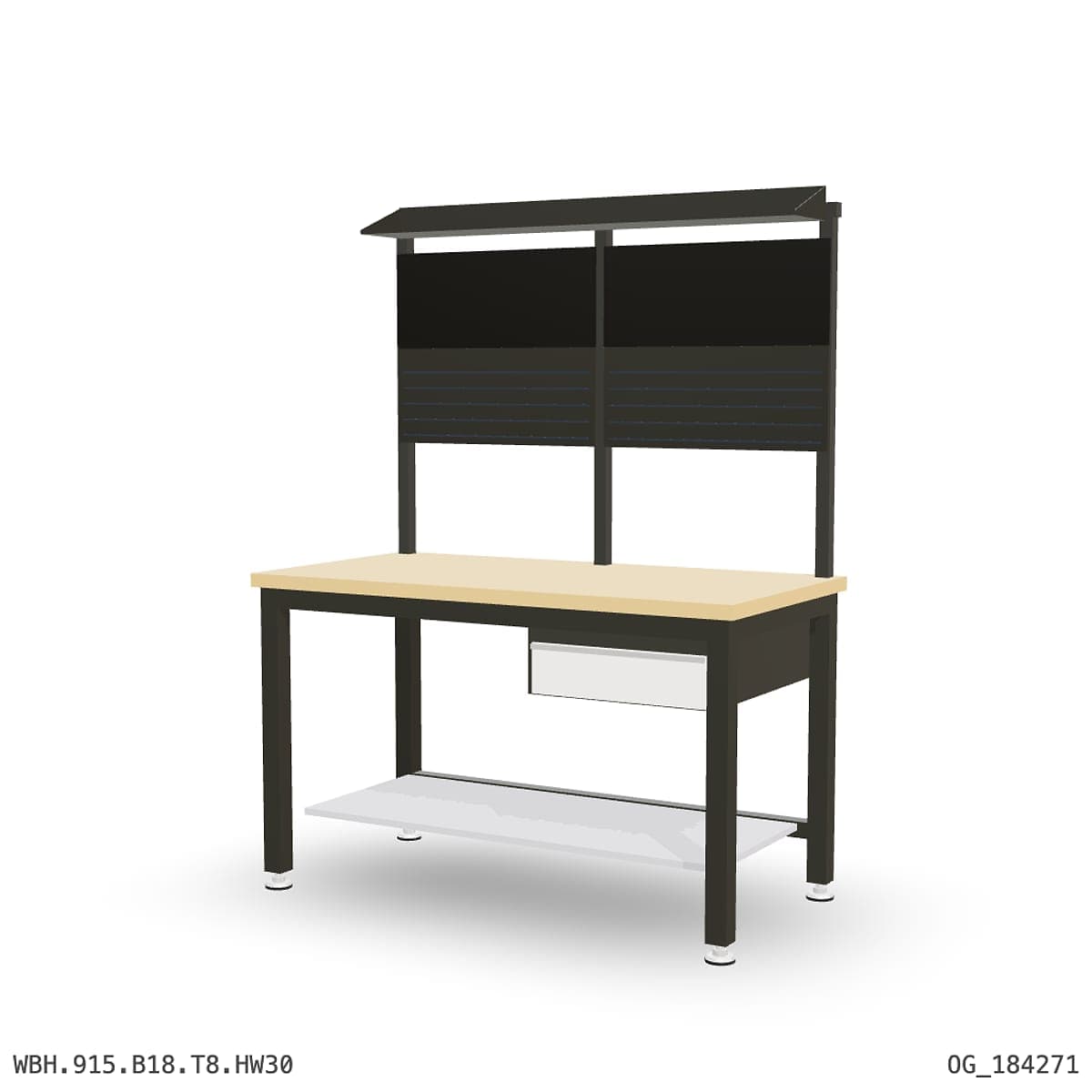 Heavy Duty Workbench 1500mm — Hardwood Oak 30mm, under-bench storage + overhead shelving by OPIE Manufacturing Group