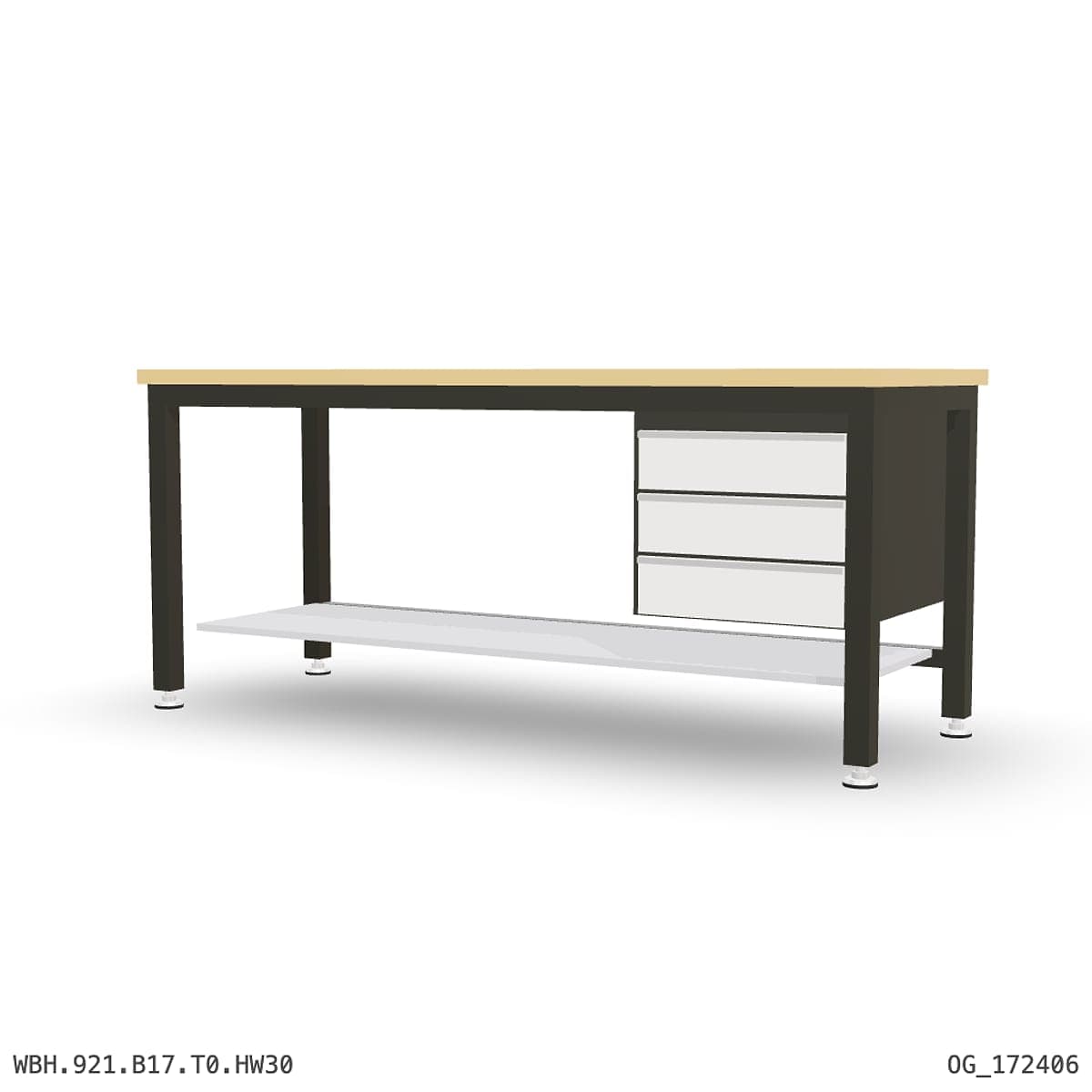 Heavy Duty Workbench 2100mm — Hardwood Oak 30mm, under-bench storage by OPIE Manufacturing Group