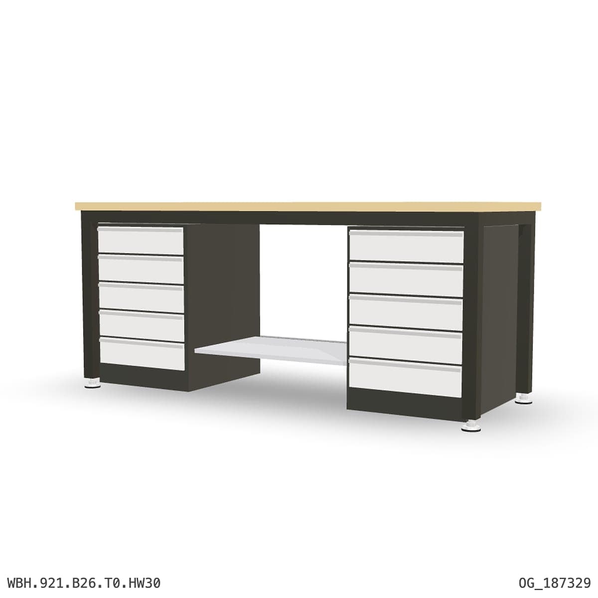 Heavy Duty Workbench 2100mm — Hardwood Oak 30mm, under-bench storage by OPIE Manufacturing Group