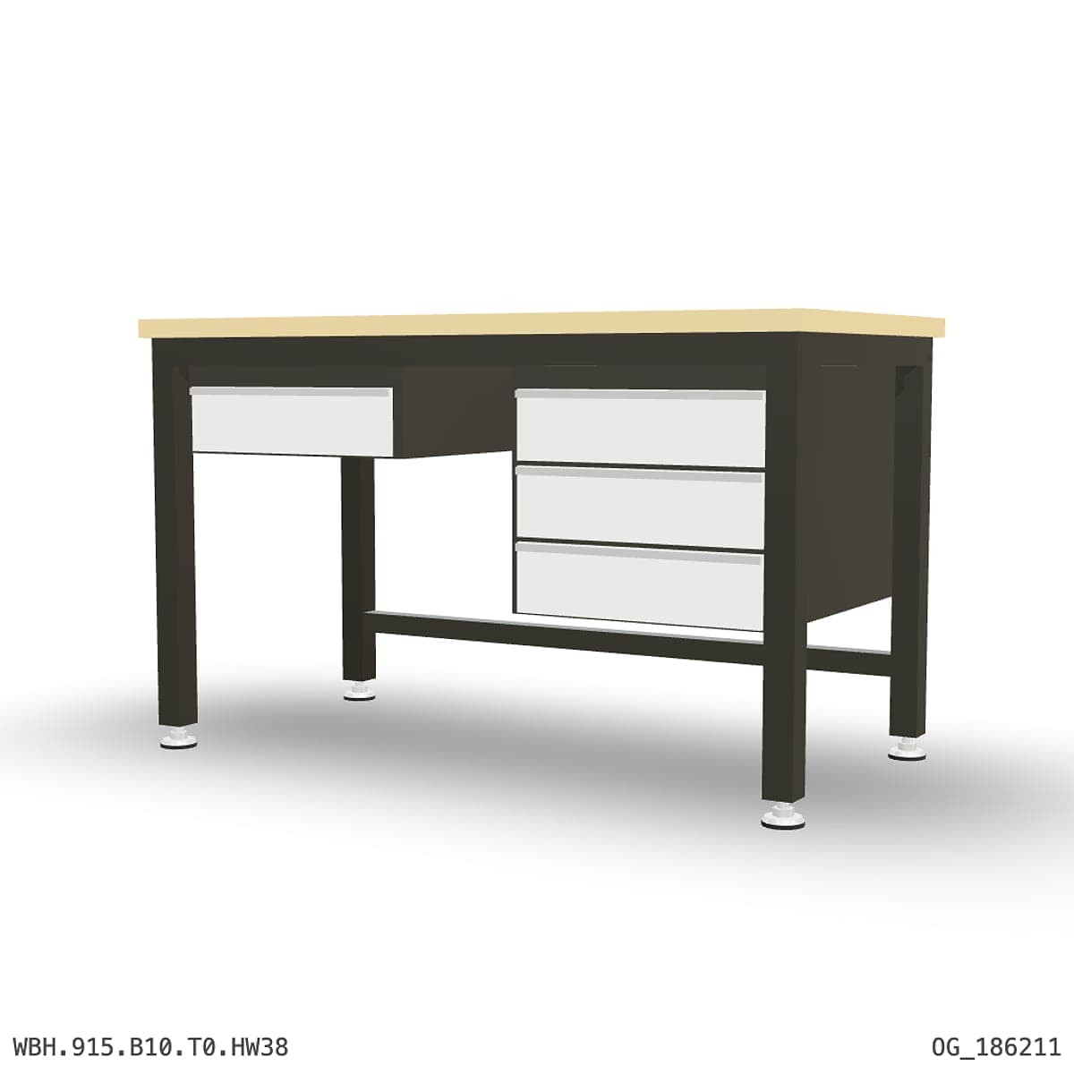 Heavy Duty Workbench 1500mm — Hardwood Oak 38mm, under-bench storage by OPIE Manufacturing Group